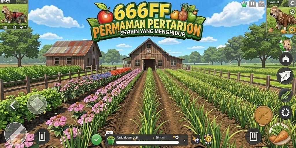 Tampilan screenshot <strong>666FF</strong> menunjukkan ladang yang subur dan interaksi hewan.