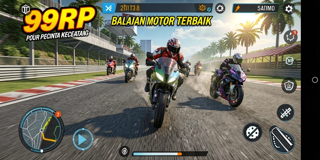 Screenshot gameplay 99RP menampilkan aksi balapan motor yang seru.