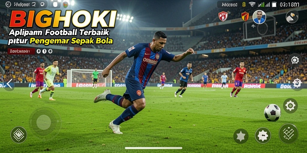 Screenshot utama BIGHOKI menampilkan aksi sepak bola yang mendebarkan.