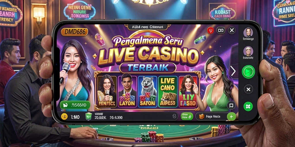 Screenshot DMD686 menampilkan dealer dan suasana kasino yang hidup.