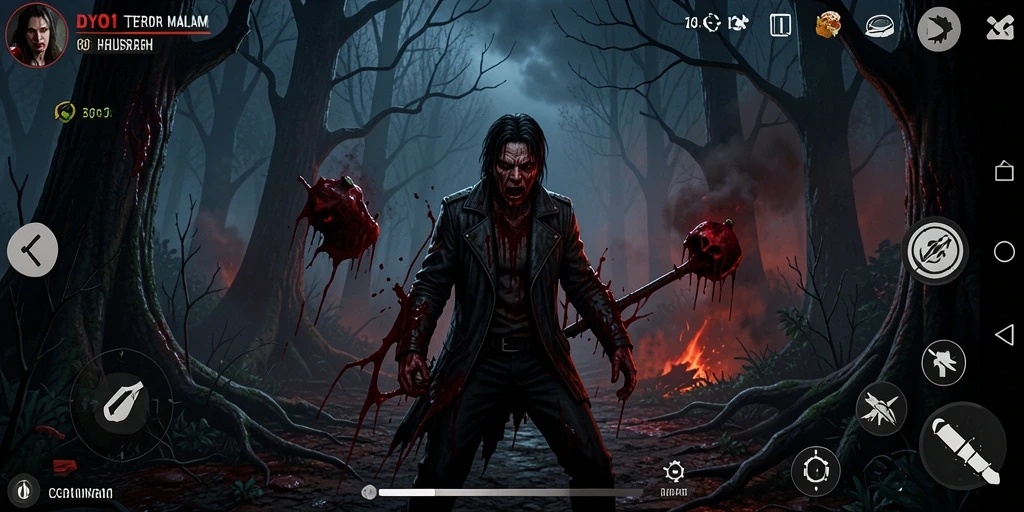 Tangkapan layar gameplay DYO1 yang menegangkan di hutan gelap.