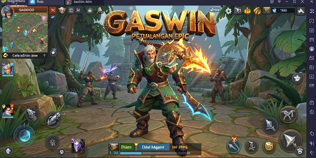 Tangkapan layar gameplay <strong>GASWIN</strong> menunjukkan pertarungan epik dengan karakter yang kuat.