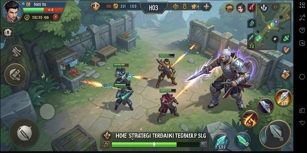 Tangkapan layar utama H03 menampilkan aksi pertempuran strategi yang seru.