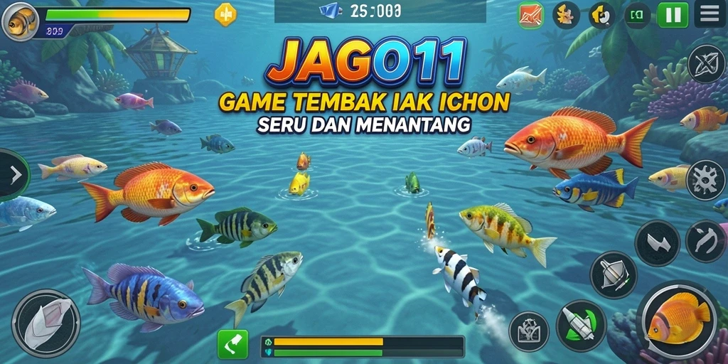 Screenshot utama JAGO11 menampilkan aksi seru menembak ikan.