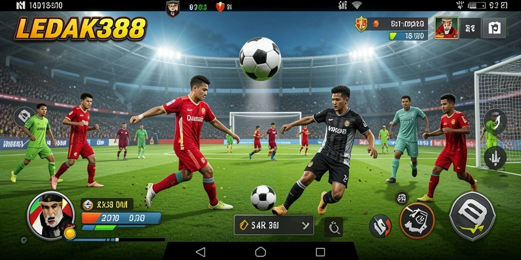 Tangkapan layar dari gameplay <strong>LEDAK388</strong> menunjukkan aksi seru di lapangan sepak bola.