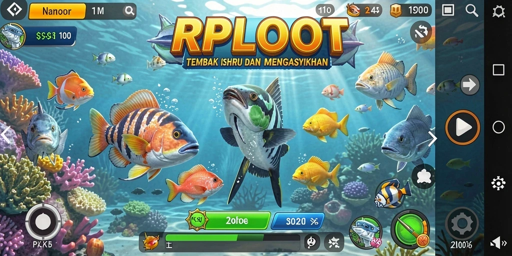Tampilan gameplay seru dalam RPLOOT dengan berbagai ikan yang menunggu untuk ditembak.